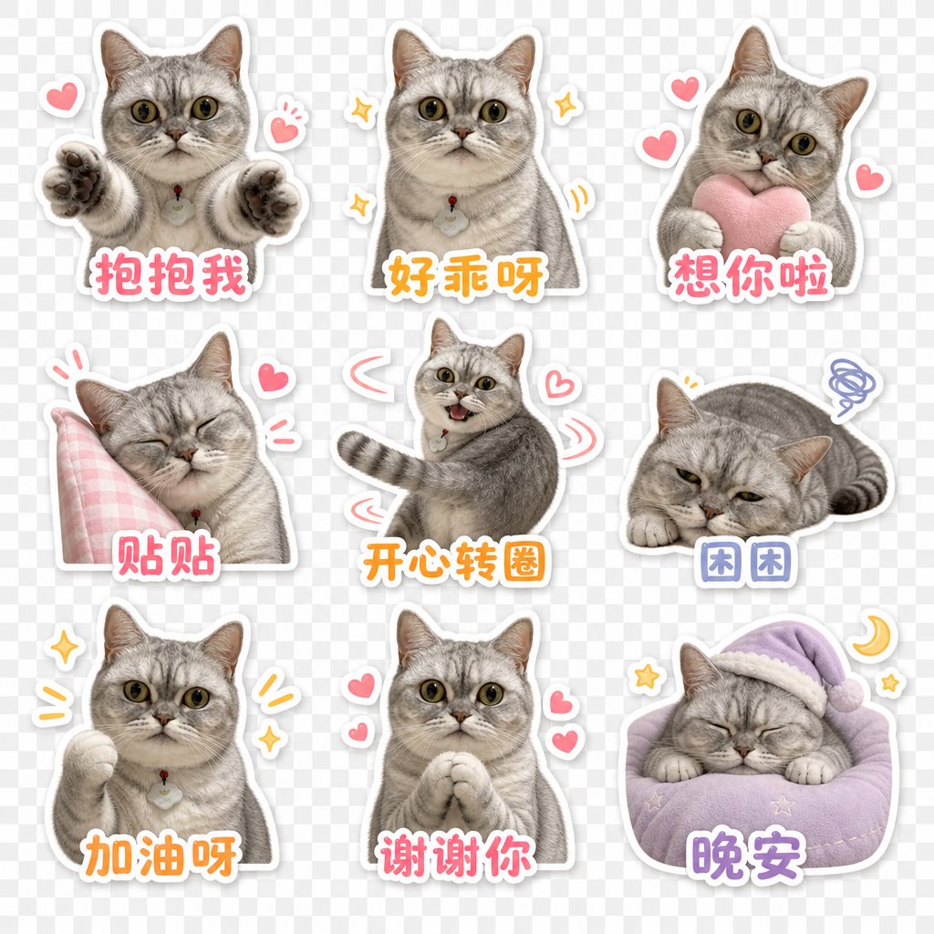 Custom cat pet sticker PNG sheet prepared for a WhatsApp import workflow